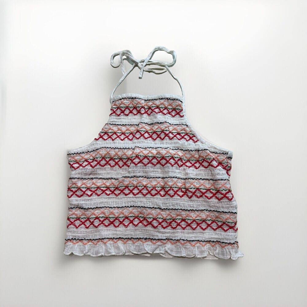 American Eagle Smocked Crop Halter Top Cream, Coral & Red Boho Festival Size M